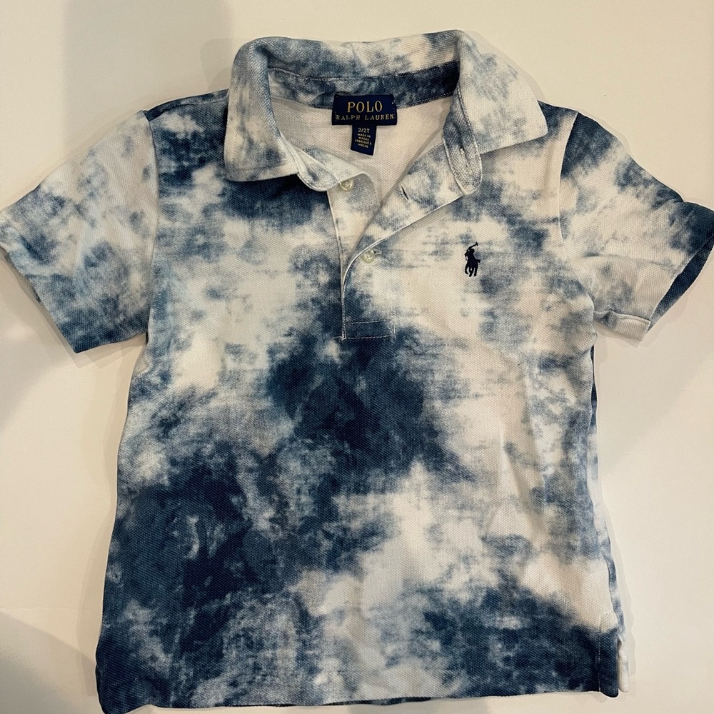 Polo Boys Size 2/2T blue and white tie-dye print polo shirt sleeves shirt